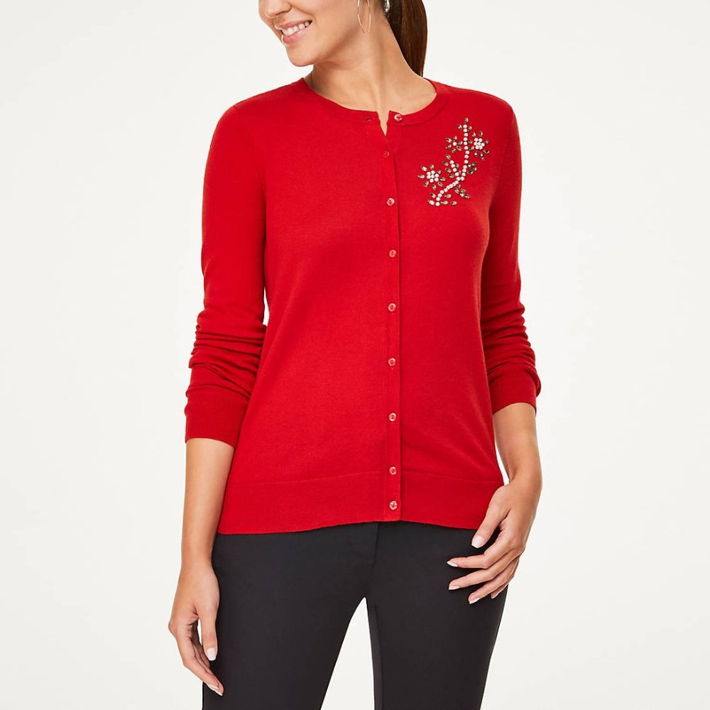LOFT Outlet Jeweled Crew Neck Cardigan NWT Medium Red